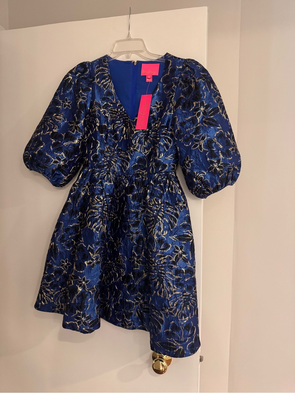 Lilly Pulitzer Royal Blue Metallic Floral Puff-Sleeve Dress